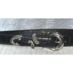 Brighton Black Croc Embossed Leather Belt Silver Western Buckle 24503 Size S